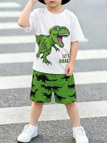 SHEIN Streecool Kids 2件套 男童休闲可爱恐龙印花短袖T恤和短裤，夏季 - 綠色 - 查看 3