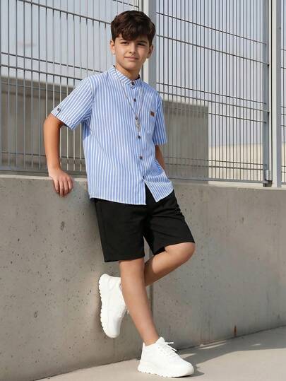 Vacaura 1pc Teenage Boys' Cotton Blend Casual Striped Stand Collar Shirt, Comfortable Fabric, New Summer Style, Suitable For Vacation & Casual Occasions