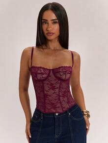 SHEIN BAE Women's Cherry Red Lace Trim Sheer Crop Top,V-Neck Tight Bustier Corset,Burgundy,Summer,70's,Club Night,Party Disco For Beach Holiday Or Party - Red - View 6