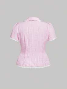 SHEIN MOD 大尺碼女款格紋單排扣休閒百搭日常短袖襯衫 - 淺粉色 - 查看 5