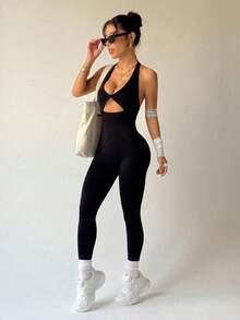 Sirith Seamless High Elasticity Racerback Sports Jumpsuit With Lifting Effect - Black - View 8