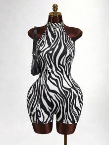 Mistrie Mono ajustado con cuello halter y espalda descubierta con estampado de cebra para mujer - Blanco y Negro - Ver 6