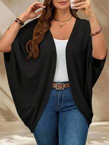 EMERY ROSE Plus Size Women Solid Color Batwing Sleeve Open Front Jacket - Black - View 6