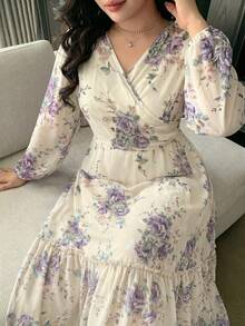 Modelyn Plus Size Women's V-Neck Floral Print Casual Romantic Celestial Party Birthday Dress Wedding White Fall - Apricot - View 5
