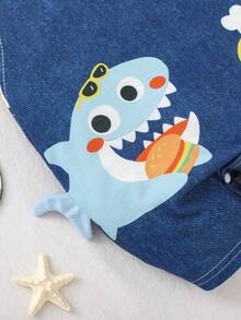 Cozy Pixies Baby Boy Striped Pattern Cartoon Dinosaur Round Neck Short Sleeve Romper - Red - View 4