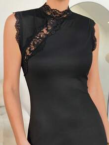 Lavishia 女款素色初秋新款對比蕾絲立領修身長洋裝，復古新中式長洋裝，適合派對、度假、約會、畢業、返校、正式場合、日常穿著 - 黑色 - 查看 6