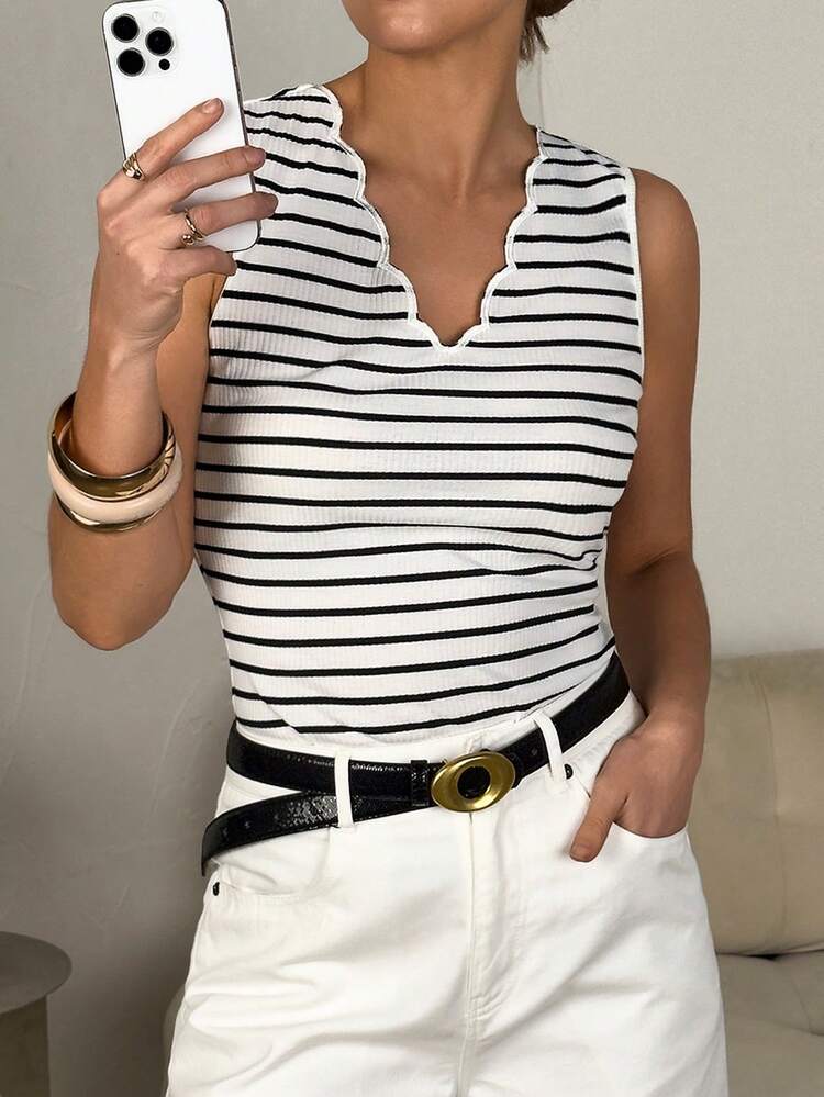Levarali Tank Top Wanita Sederhana, Serbaguna, dengan Motif Garis dan Blok Warna untuk Pemakaian Sehari-hari - Hitam dan Putih - View 5