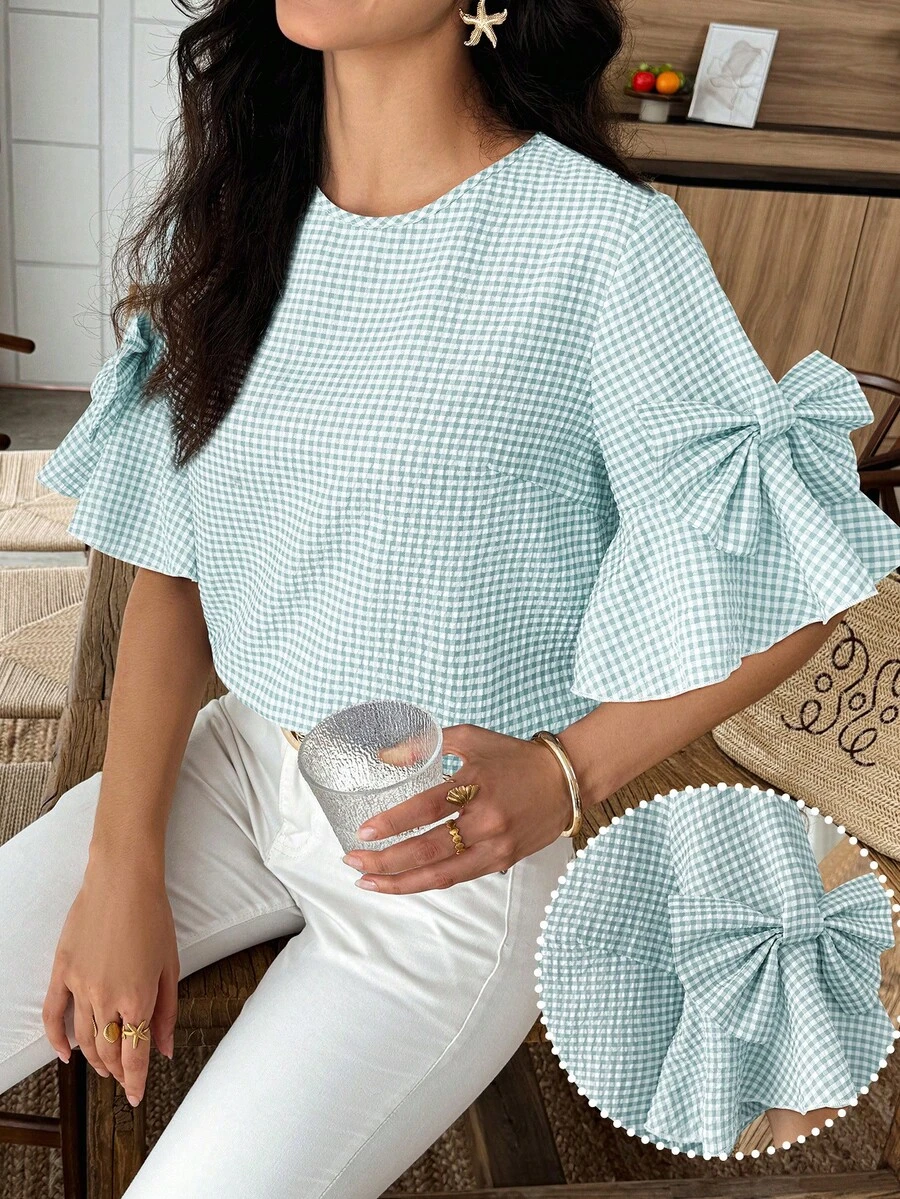 Elouméa 女款格紋蝴蝶結裝飾休閒百搭日常穿著襯衫 - 薄荷綠 - 查看 1