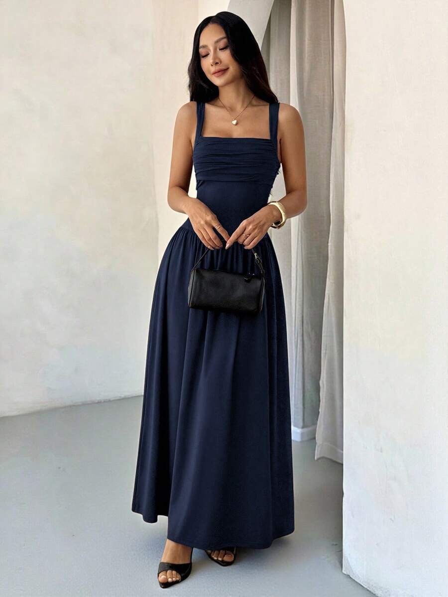 SHEIN PETITE Women's Elegant Solid Color Navy Blue Square Collar Flared Dress, Spring/Summer Date Night - Navy Blue - View 1