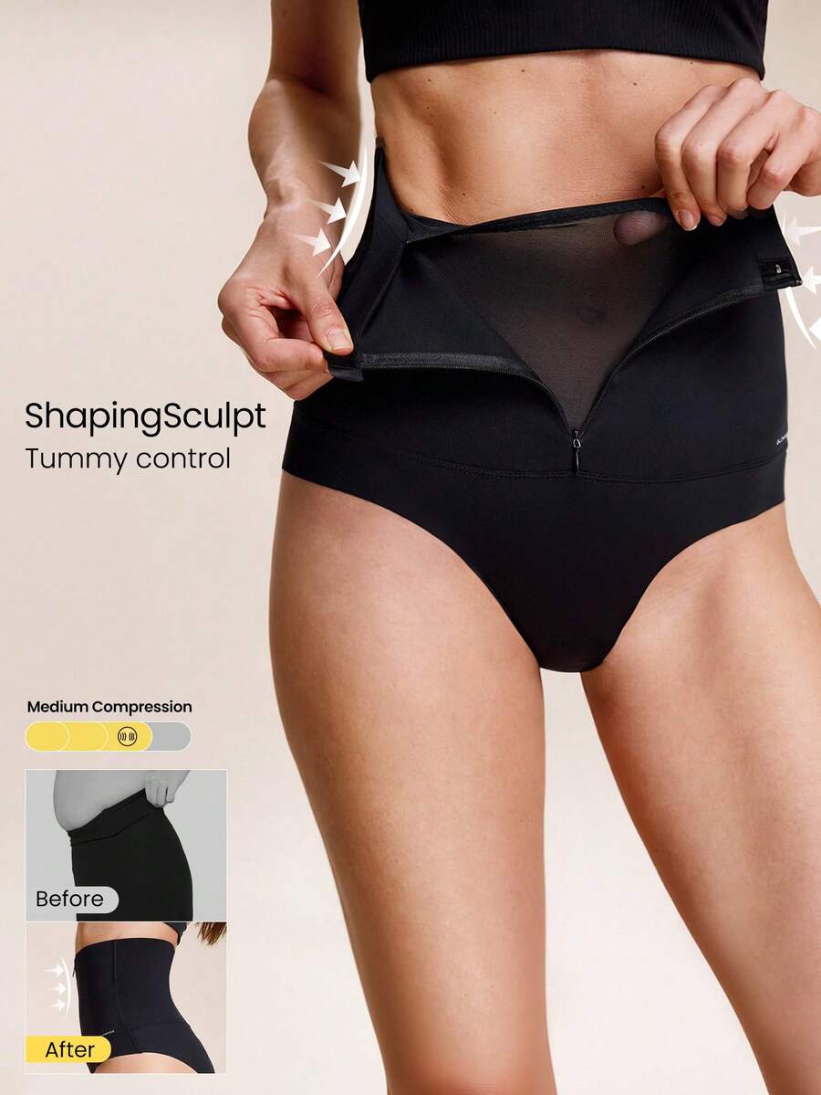 GLOWMODE Sweatmode 3.0 High-Rise Tummy Control Sweat-Wicking Front Zipper Mesh Lining Anti-Roll Waist-Cinching Brief Daily Casual Wear - Black - View 1