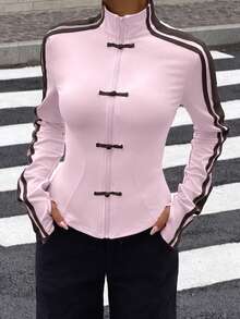 Muchica Women's Spring/Summer New Knit Sporty Style Ribbon & Frog Button Design Sun Protection Thin Jacket - Baby Pink - View 5