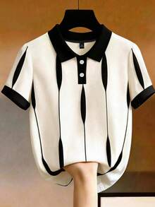 EMERY ROSE Plus Size Women's Casual Patchwork Striped Trim Polo Collar Short Sleeve T-Shirt - Multicolor - View 1