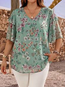 EMERY ROSE Plus Size Women's V-Neck Floral Print Casual Versatile Daily Wear Blouse - Mint Green - View 5