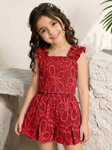 SHEIN Sparklyn Conjunto de 2 piezas para niña preadolescente con top de tirantes bordado de moda y shorts fruncidos para vacaciones - Rojo - Ver 3