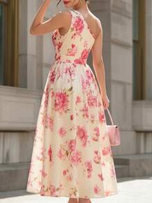 Balvessa Elegant Date Party Gathering Floral Chiffon Dress With Asymmetrical Shoulder Design, Flared, Spring/Summer Women's Long Dress - Light Yellow - View 2