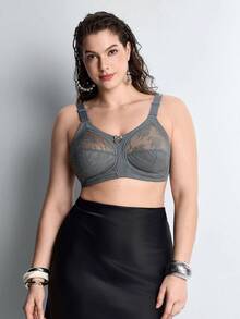 Slumbrini Women's Lightweight Daily Bra, Plus Size Full Coverage Wireless Lace Breathable Seamless Bra, Lift & Support - Grey - View 4