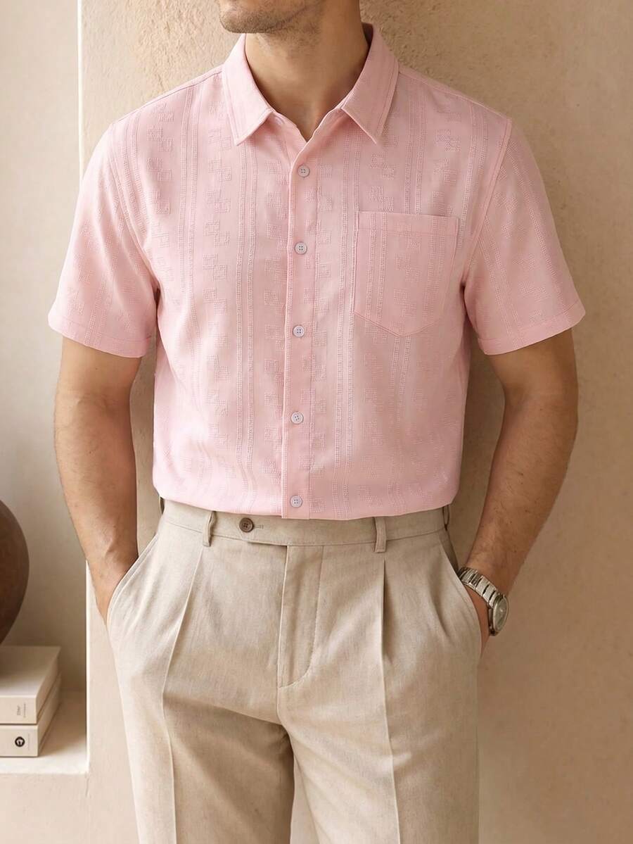 Core Aspect Men's Old Money Style Light Business Jacquard Shirt, Pink Loose Short Sleeve Top, Commuter, Formal