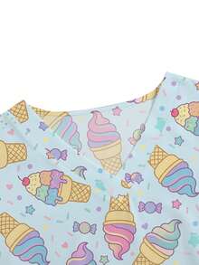 PopScrub Women's Blue V-Neck Short Sleeve Double Pocket Cute Cartoon Pattern, Cute Ice Cream Print, Nurse Doctor Work Uniform Top, Health Checkup Surgical Scrub Uniform, Pet Grooming Work Uniform Top, Nutritionist Workwear Short Sleeve, Laboratory Workwear, Multi-Pocket Functional Workwear, Functional Women's Holiday Clothing, Cute - Blue - View 3