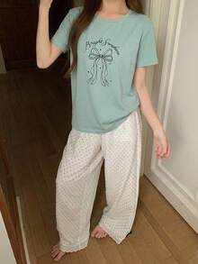 DAZY Women's 2-Piece Summer Pajama Set, Loose Short Sleeve T-Shirt With Bow Pattern And Polka Dot Straight Leg Long Pants - Green - View 4