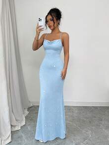 Selianne Banquet Glitter Sequined Spaghetti Strap Lace-Up Backless Mermaid Women's Dress - Baby Blue - View 5