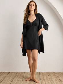 Ocili Women's Solid Color Lace Patchwork Camisole Nightgown & Robe Pajama Set - Black - View 4