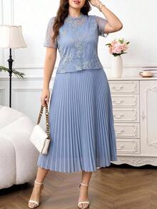 Reflora Abito da donna taglie forti con ricamo floreale plissettato casual per feste, abito estivo, abito per festival, abito da ospite di matrimonio, abito da laurea, abito da ballo elegante - Blu - Visualizzare 2