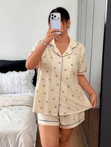 Napfluff CURVE Napfluff CURVE Plus Size Lemon Plaid Print Lapel Button-Front Short Sleeve Shorts Pajama Set - Yellow - View 1