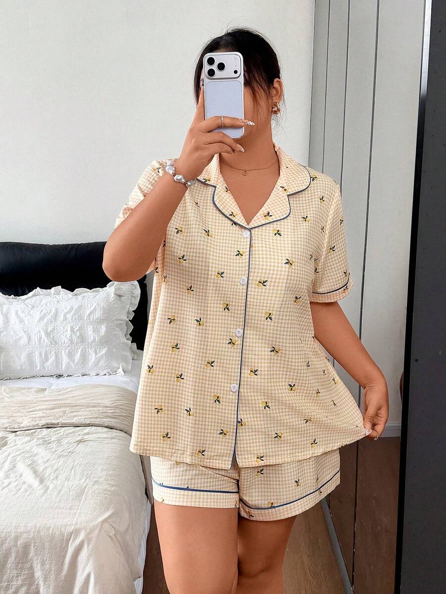 Napfluff CURVE Napfluff CURVE Plus Size Lemon Plaid Print Lapel Button-Front Short Sleeve Shorts Pajama Set - Yellow - View 1