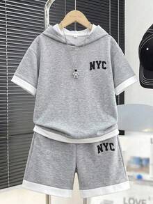 SHEIN 2件組兒童青少年男孩休閒百搭寬鬆短袖連帽T恤，2合1灰色短褲套裝，夏季上衣，夏季穿搭，適合春夏秋冬，派對、開學、晚宴、表演、婚禮、學校、運動 - 彩色 - 查看 6