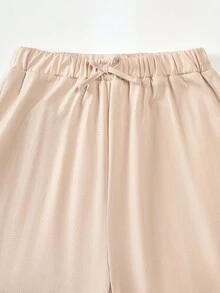 SHEIN 青少年女孩 2件組 34棉紋理面料立領短袖T恤 + 休閒街頭風長褲，夏季舒適套裝，日常穿搭 - 卡其色 - 查看 7