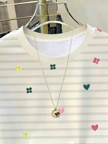 SHEIN 1件青少年女孩韓式休閒時尚簡約經典細條紋彩色花卉愛心圖案圓領寬鬆短袖T恤，適合日常休閒、上學、購物，夏季上衣 - 彩色 - 查看 3