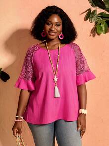 BrightlyHer Plus Size Women's Round Neck Lace Casual Versatile Everyday Outing Blouse Fall - Hot Pink - View 2