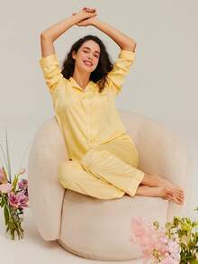 LUVLETTE Yellow Silky Satin Retro Floral Polka Dot Button-Up Top & Pants Pajama Set Pants With Pockets Long Sleeve Sets For Women - Yellow - View 9