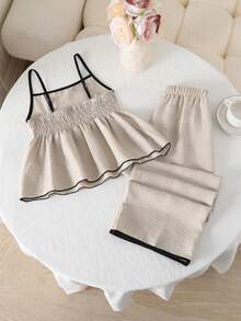 SHEIN Elladie kids 女童休闲度假黄色修身吊带背心，夏季上衣，柔软修身，时尚设计，适合度假、旅行、校园、日常穿着 - 卡其色 - 查看 2