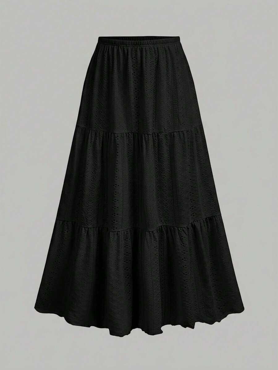 Girlism 兒童青少年女孩春/夏新款休閒彩色針織紋理鏤空百褶A字裙,內襯打底褲雙層荷葉邊傘裙長裙,波西米亞風做舊紙袋腰荷葉邊裙,適合夏季童裝,百搭黑色裙,休閒運動學院風返校穿搭 - 黑色 - 查看 1