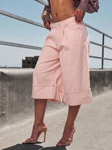 Denimoi Wide Leg Cuffed Denim Jorts Fashion Jeans Fashion Denim Summer Vacation Brunch - Baby Pink - View 4