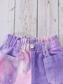 SHEIN 女童牛仔短褲 夏季新品 休閒牛仔女孩風 可愛風格 毛邊設計 抽繩腰頭 鬆緊腰 大口袋 寬鬆版型 精梳棉 - 紫色 - 查看 4