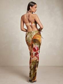 Silquee Summer Beach Vacation Beige Orange Halter Neck Women's Bikini Sarong 3 Pieces Set Tropical - Multicolor - View 2