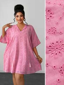 Maweii Plus Size Vacation Casual Goth Light Pink Hollow Embroidery Dress Autumn Concert - Pink - View 1