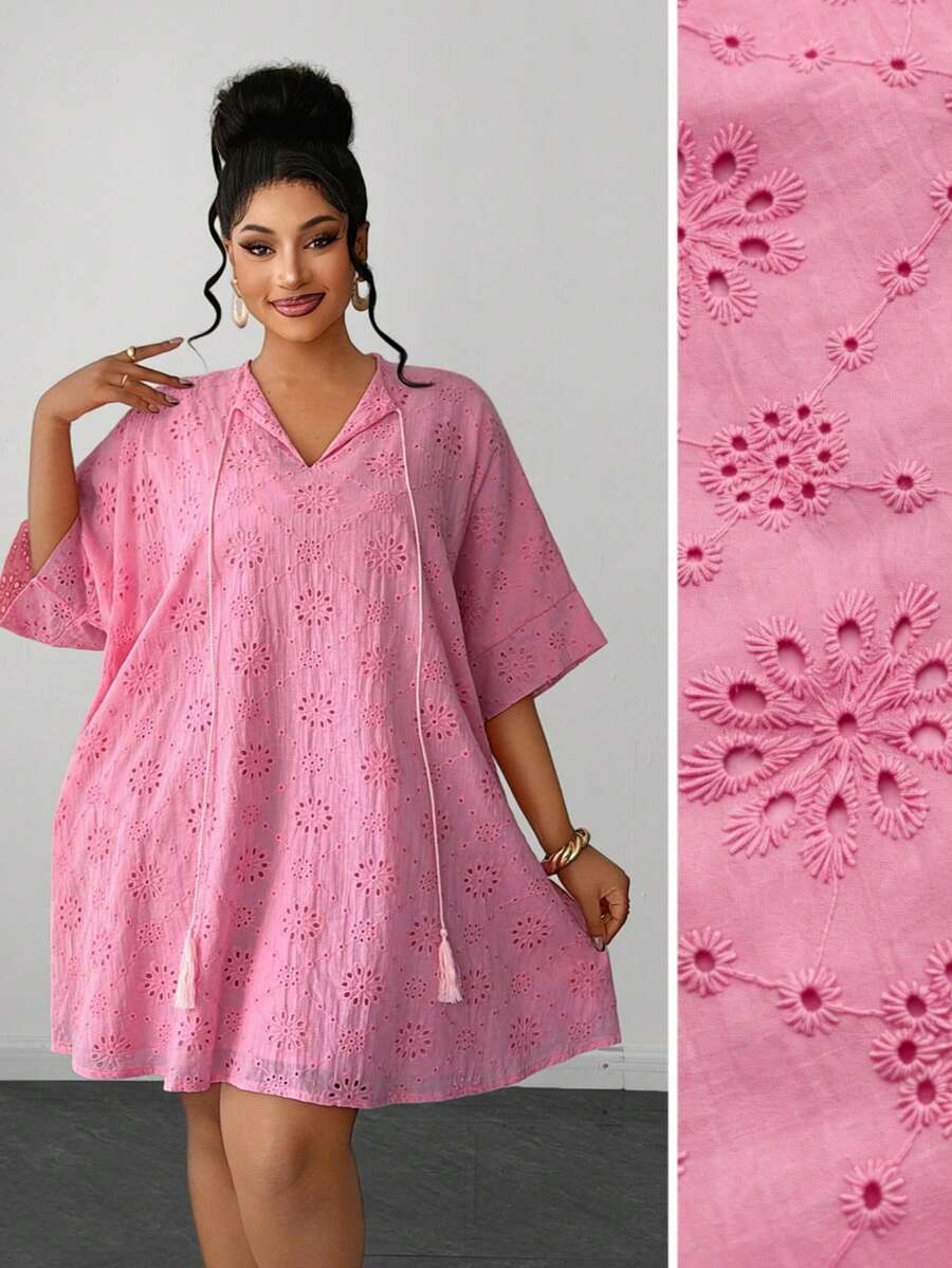 Maweii Plus Size Vacation Casual Goth Light Pink Hollow Embroidery Dress Autumn Concert - Pink - View 1
