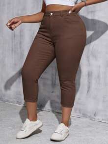 SHEIN Tall CURVE 女款大尺碼白色丹寧彈性緊身九分褲 - 棕色 - 查看 4