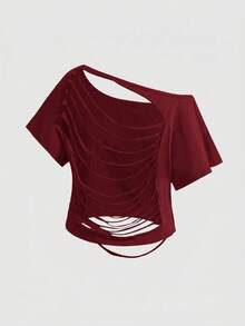 ROMWE Grunge Punk Design Asymmetric Shoulder Distressed Backless Loose Cropped T-Shirt - Burgundy - View 2