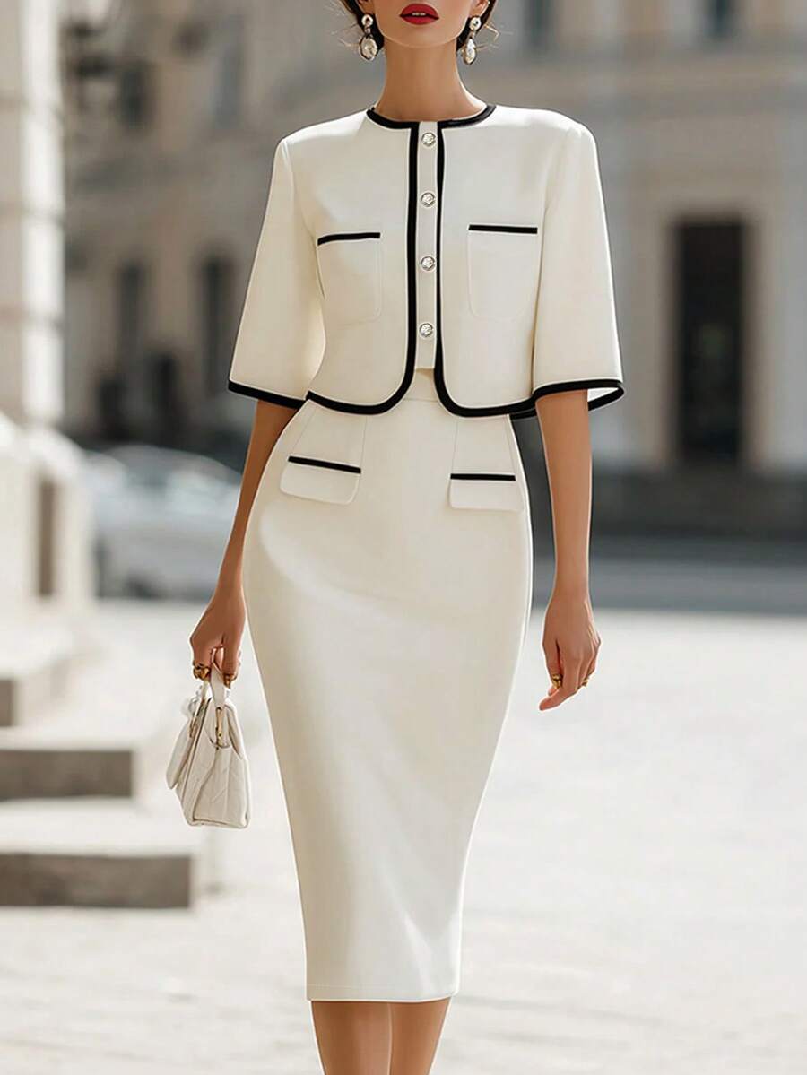 SHEIN Women's Elegant French 2 Pieces Set, Round Neck Cardigan Top Skirt Outfit, Bell Sleeve Tie Waist Jacket Mid-Length White And Black Skirt Set