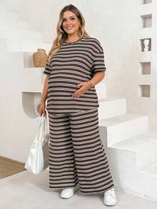 Plussiva Plus Size Maternity Striped Short Sleeve Top And Adjustable Waist Long Pants Casual Daily 2 Pieces Set Post Partum Lounge Summer - Brown - View 9