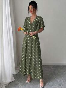 Elenzga Women's V-Neck Cinched Waist A-Line Button-Front Hem Slit Umbrella Sleeve Short Sleeve Apricot Base Coffee Brown Romantic Large Polka Dot Long Dress French Elegant Sophisticated Vintage Formal Office Commute Casual Beach Vacation Beach Style Western Street Style Street Photography Minimalist Versatile Fashion Afternoon Tea Party Home Leisure Comfortable Bohemian Spring Summer New - Army Green - View 4
