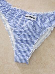 EverLounge 2 Stücke Damen-Wäscheset mit gestreiftem 3/4-Cup, Bügel, geformtem Cup, Push-up-Support, Spitzenbesatz und Schleife - Blau - Übersicht 5
