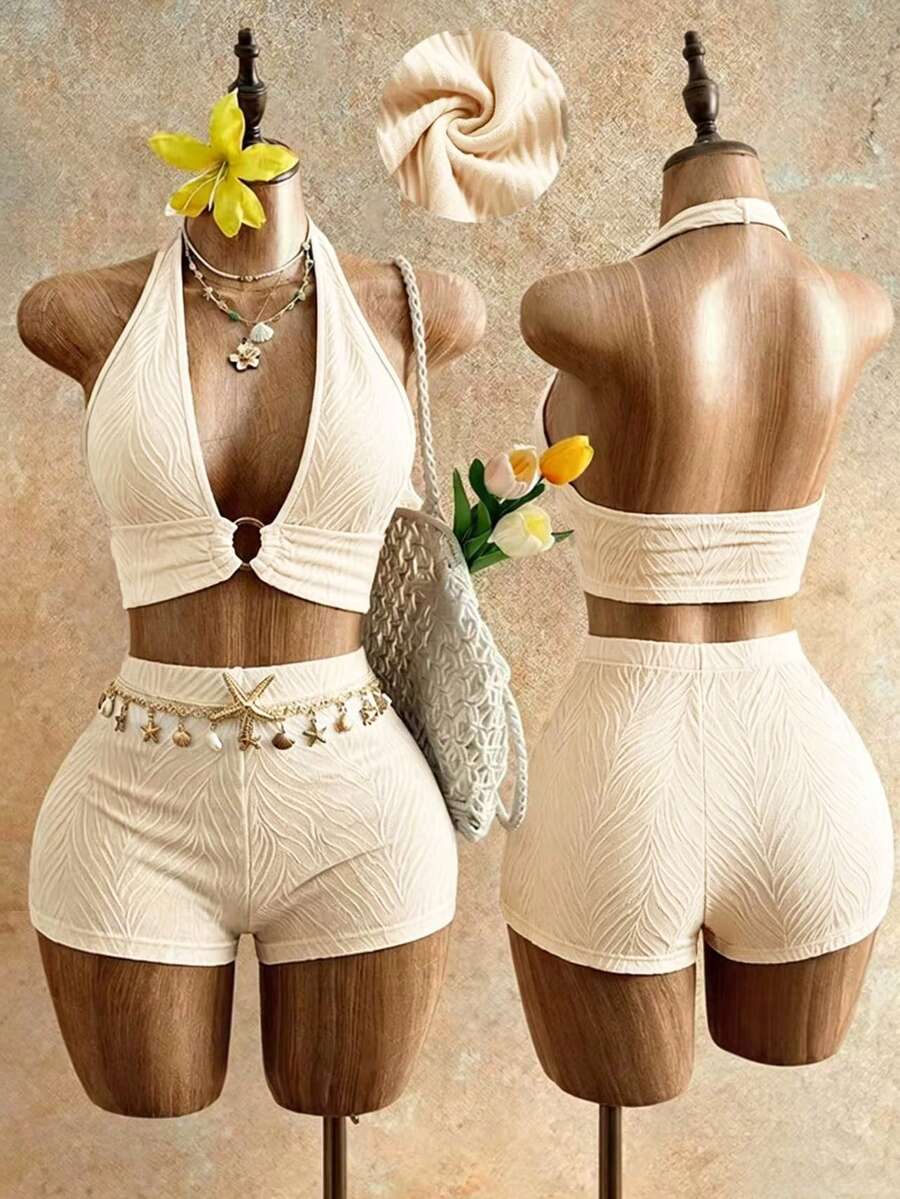 Mistrie 女款白色羅紋掛脖套裝，紋理百褶針織短版上衣配環飾，波希米亞海灘度假風，休閒日常穿搭，性感海灘女裝 - 杏色 - 查看 1