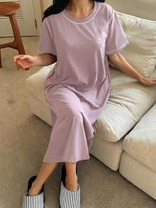 DAZY Women's Long T-Shirt Style Dress With Print, Contrast Color And Contrast Stitch Design, Loungewear - Pink - View 7