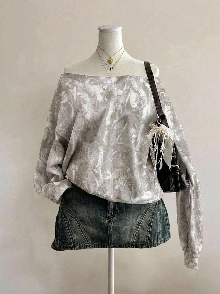Attitoon 女款休閒復古露肩寬鬆衛衣,秋冬款,樹枝印花,夏季,基礎款,街頭風,街頭穿搭,適合日常通勤、約會、聚會、聖誕節、新年、感恩節、派對、婚禮、海灘、畢業典禮,優雅 - 彩色 - 查看 1