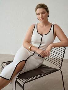 MOTF PREMIUM PLUS SIZE SUMMER FASHION CONTRAST TRIM SLIT HEM SWEATER DRESS - White - View 3